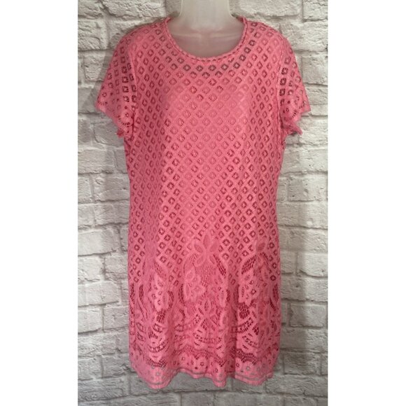 Isaac Mizrahi Live Womens Size L Pink Lace Overlay Pullover Short Sleeve Dress - Picture 1 of 8